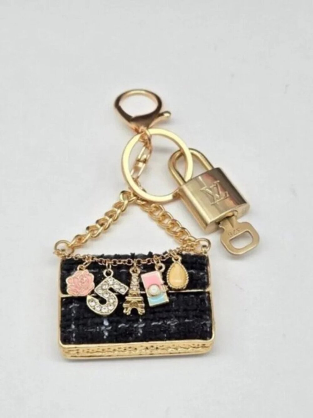 Authentic Louis Vuitton Padlock & Key Gold ✨Unbranded Tweed Bag Charm Keychain - Picture 3 of 6